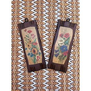 Vintage MCM Wooden Floral Art Plaques